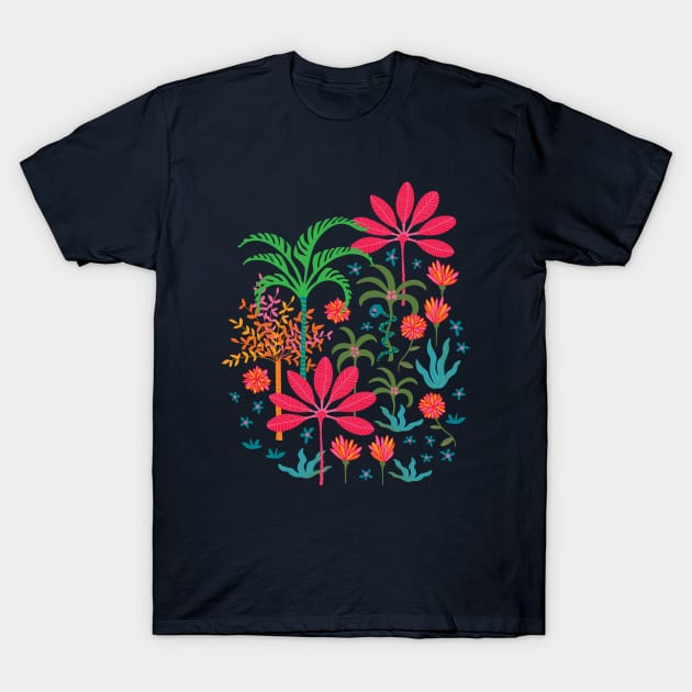 DREAM Bohemian Tropical Paradise Palm Trees Exotic Floral Botanical Plants with Cute Snake in Bright Red Green Blue Orange Yellow on Dark Blue - UnBlink Studio by Jackie Tahara T-Shirt by UnBlink Studio by Jackie Tahara